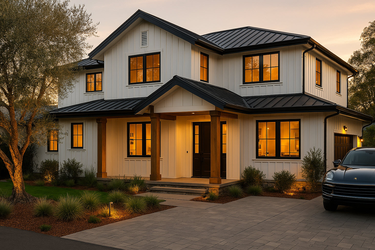 Modern farmhouse exterior with clean lines and large windows